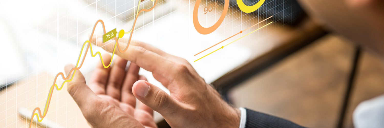 Businessman clapping his hands in the meeting with futuristic fi Businessman clapping his hands in the meeting with futuristic financial chart showing growth statistics of company income
